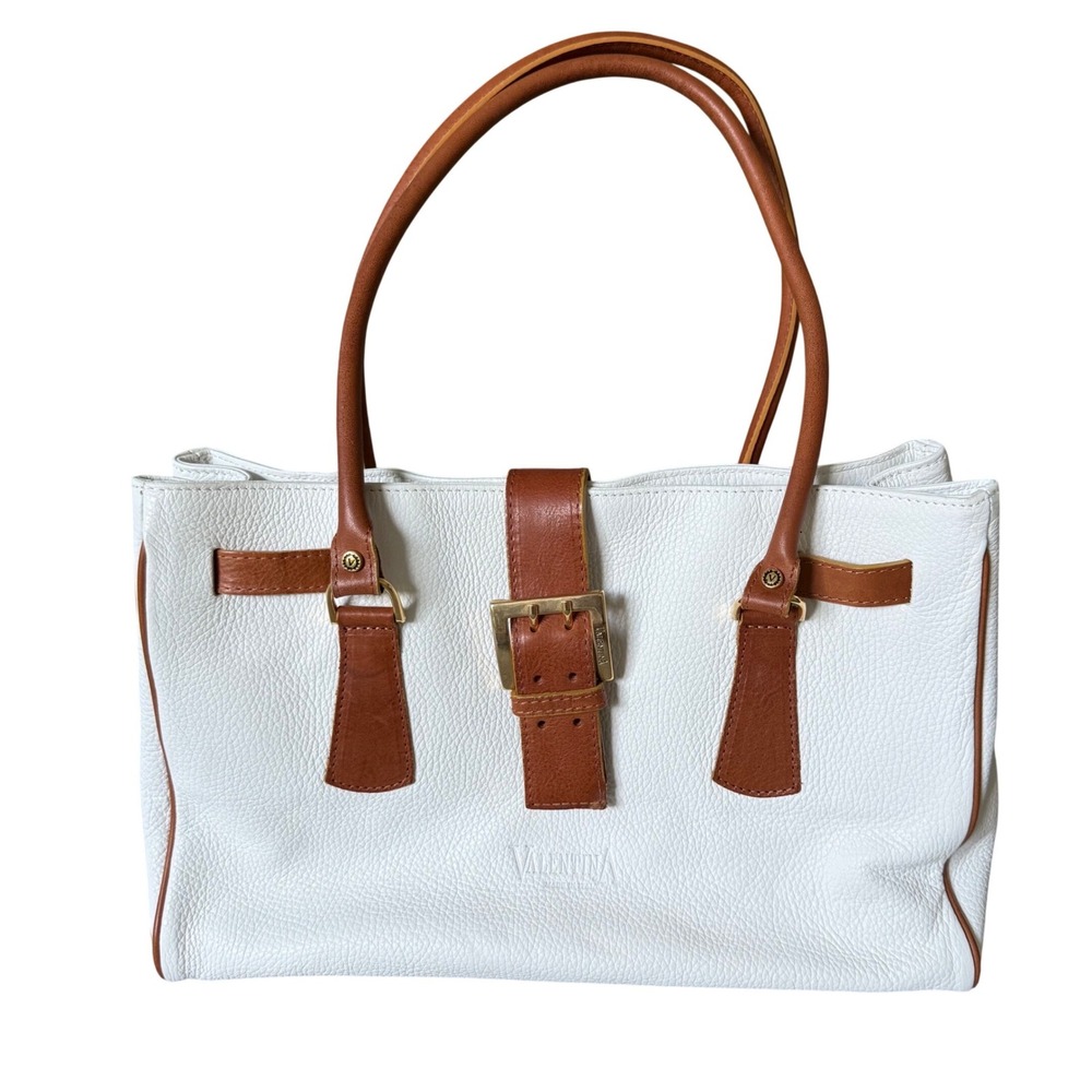 Valentina Made in Italy White Pebbled Leather Tote Bag Tan Trim Gold Buckle